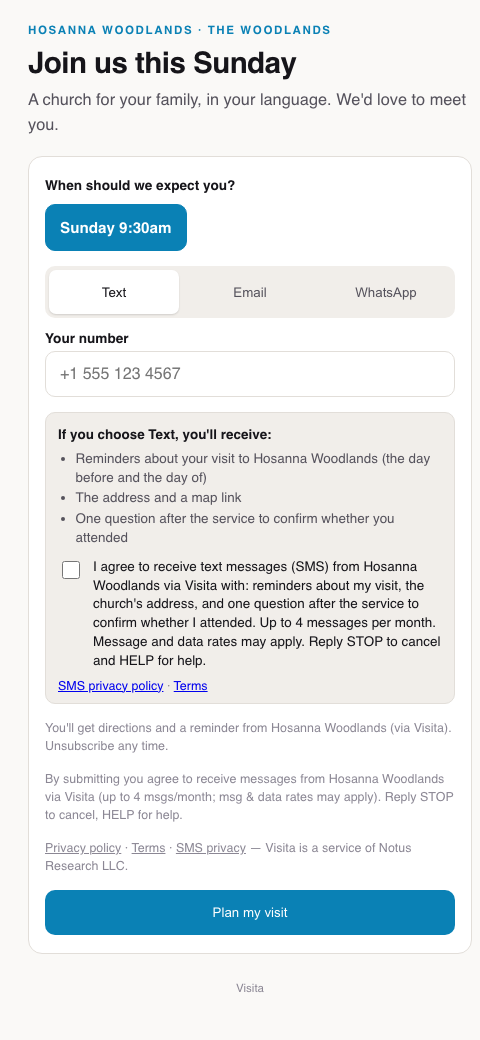 Visita visit page with Text selected, a mobile number field, and an unchecked consent checkbox